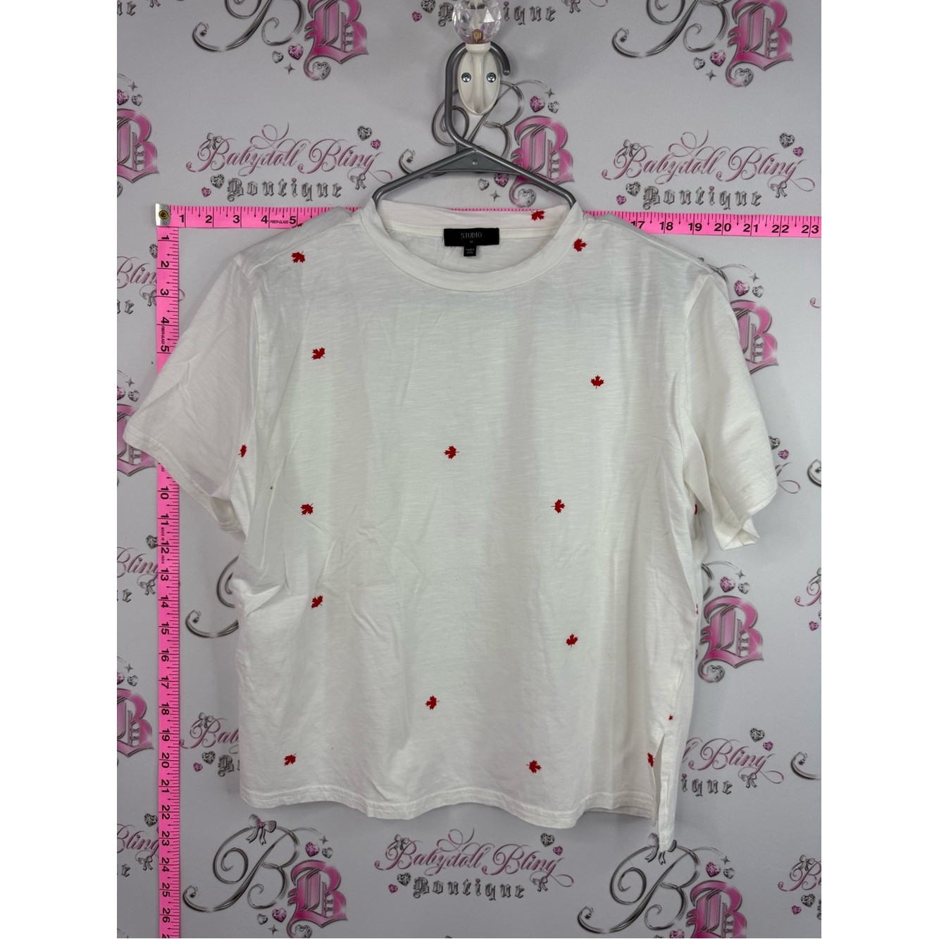 Studio M Canada Leaf Maple White Tee With Tiny Red Embroidered Flowers